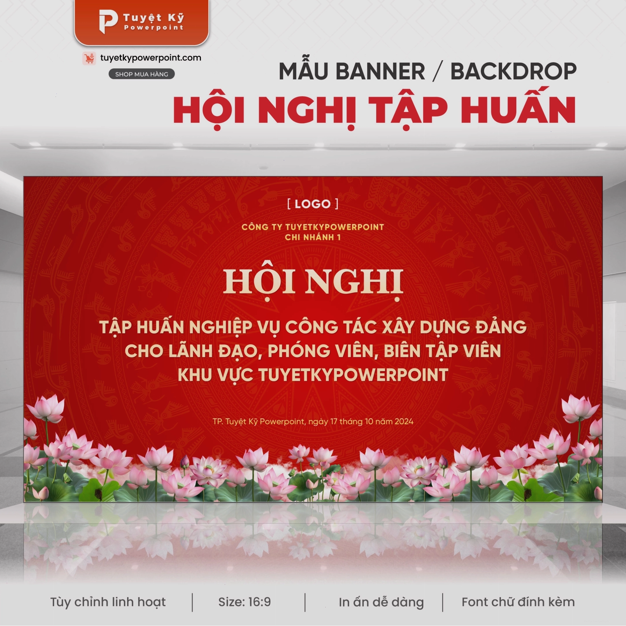 Backdrop trống đồng hoa sen đỏ mang không khí trang trọng cho hội nghị