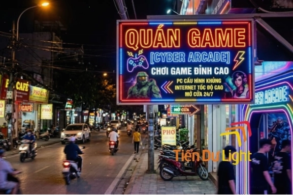 Biển vẫy quán game với màu xanh lá neon và chữ trắng