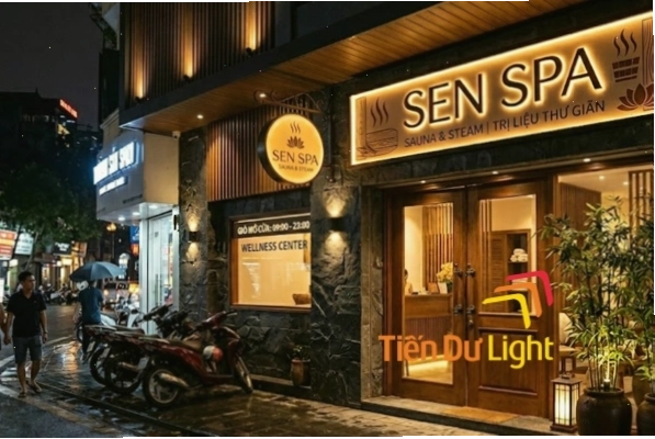 Biển vẫy spa với nền xanh lá cây và chữ vàng đồng
