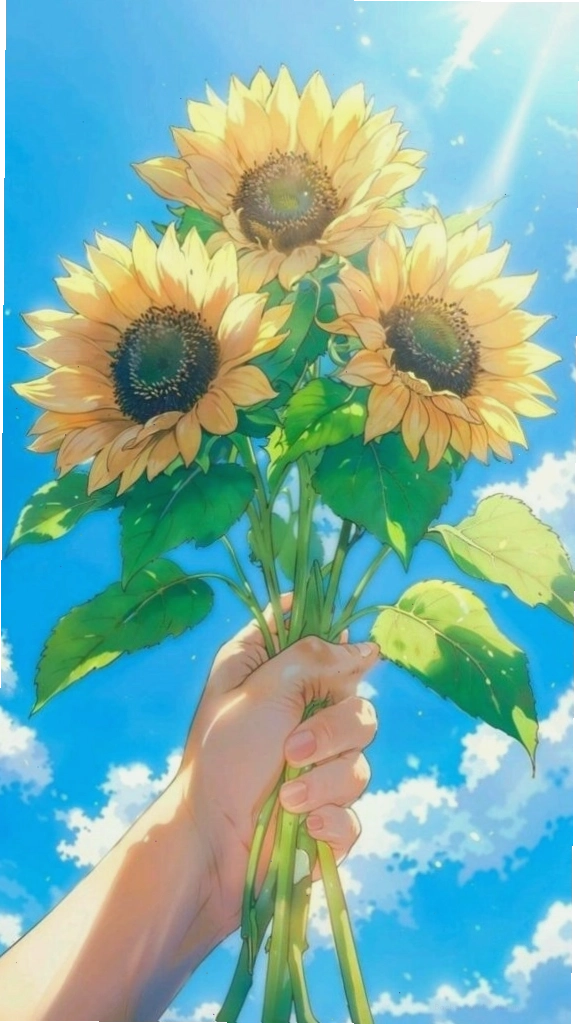 Bó hoa hướng dương rực rỡ dưới bầu trời xanh thẳm