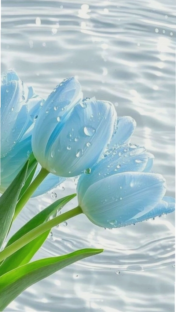 Bông tulip xanh biếc nổi bật giữa làn nước trong veo