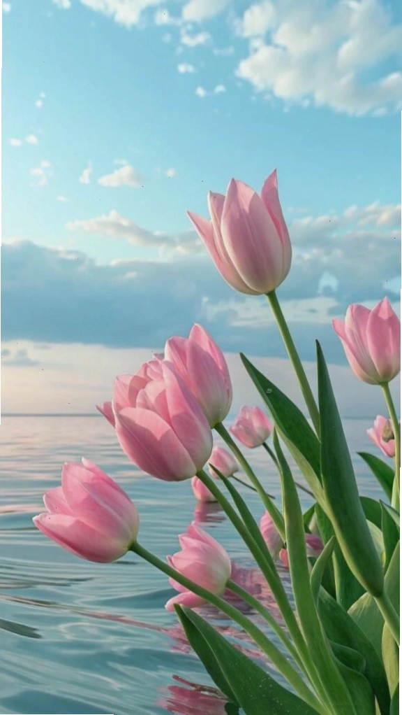 Cận cảnh bông tulip hồng dịu dàng bên làn nước trong