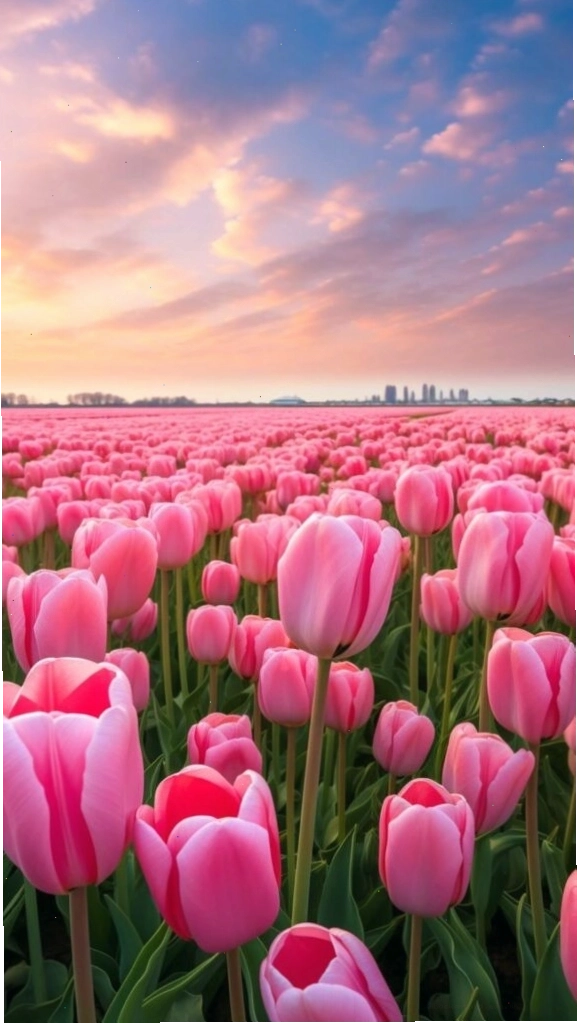 Cánh đồng hoa tulip hồng rực rỡ dưới ánh hoàng hôn