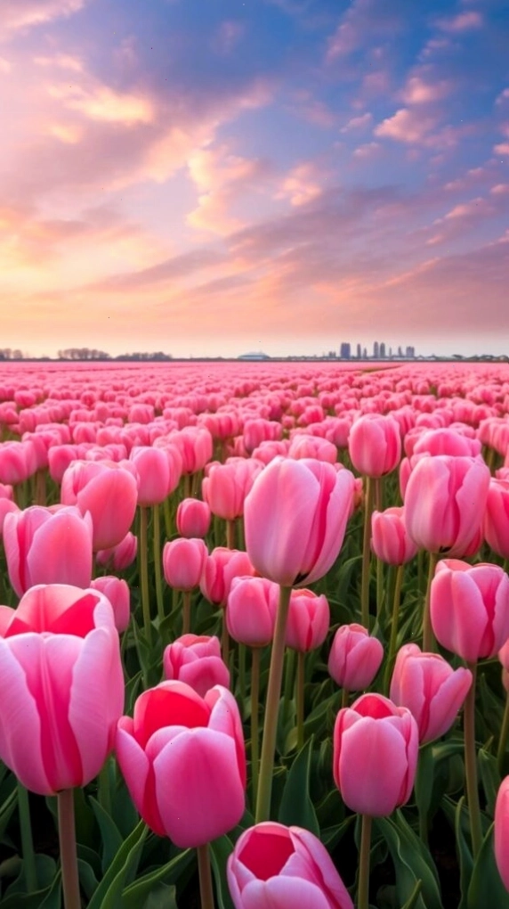 Cánh đồng tulip hồng dưới ánh hoàng hôn