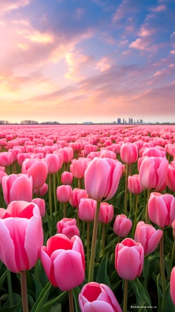 Cánh đồng tulip hồng hoàng hôn làm hình nền