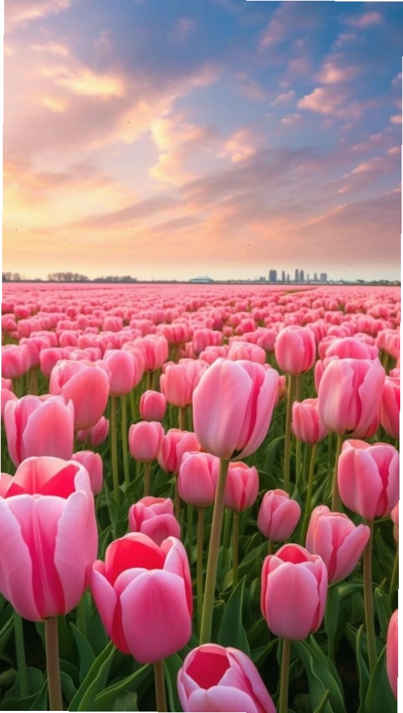 Cánh đồng tulip hồng rực rỡ dưới ánh hoàng hôn