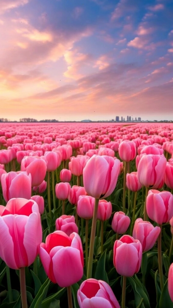 Cánh đồng tulip hồng rực rỡ dưới ánh hoàng hôn