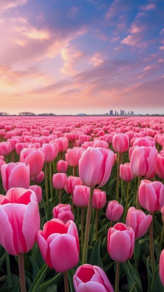 Cánh đồng tulip hồng rực rỡ dưới ánh hoàng hôn cho máy tính