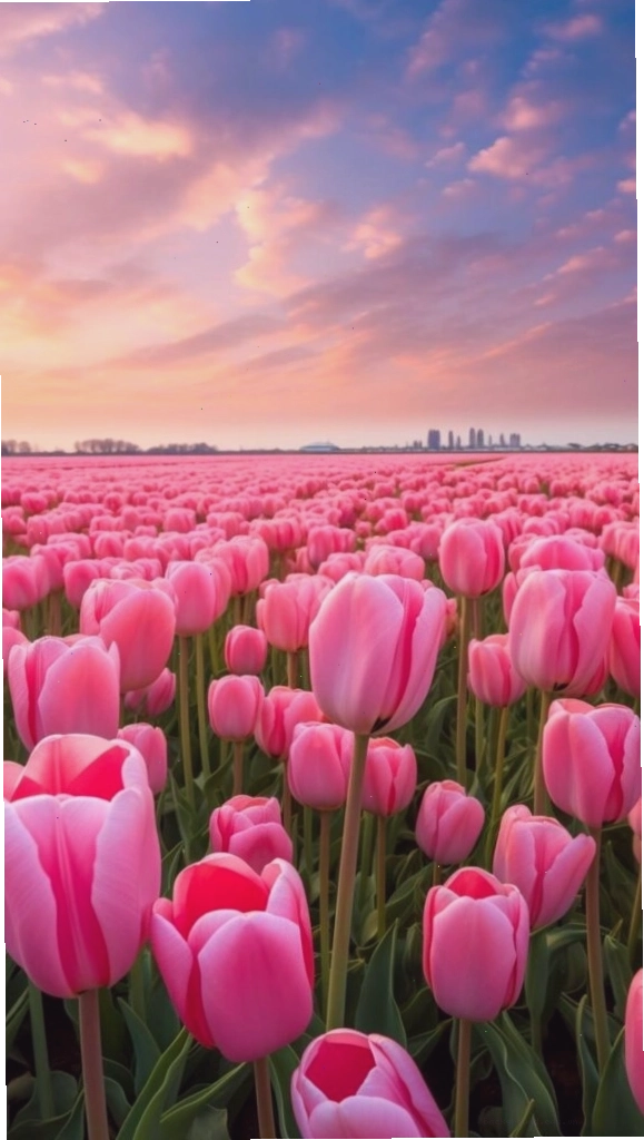 Cánh đồng tulip hồng rực rỡ dưới ánh hoàng hôn, thích hợp làm hình nền phong cảnh