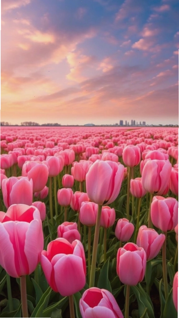 Cánh đồng tulip hồng rực rỡ trong ánh hoàng hôn