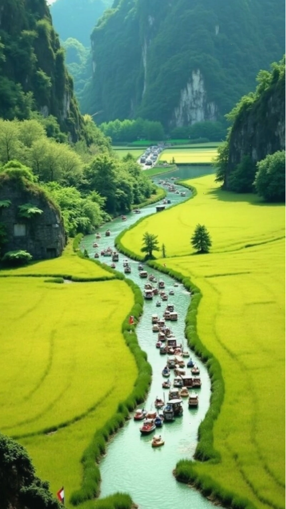 Cánh đồng xanh mướt bên dòng suối nhỏ giữa thung lũng
