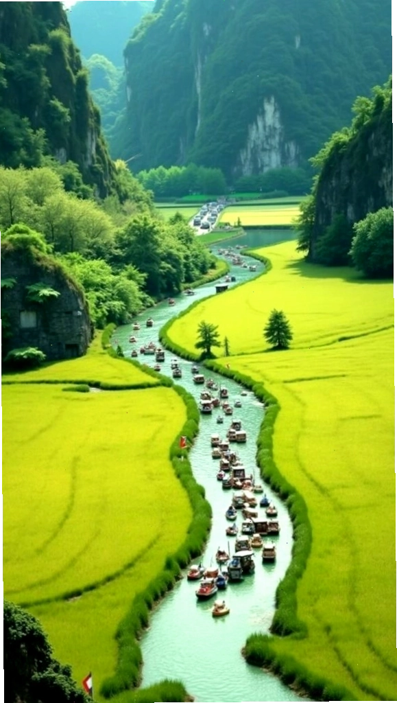 Cánh đồng xanh mướt bên dòng suối nhỏ giữa thung lũng hùng vĩ