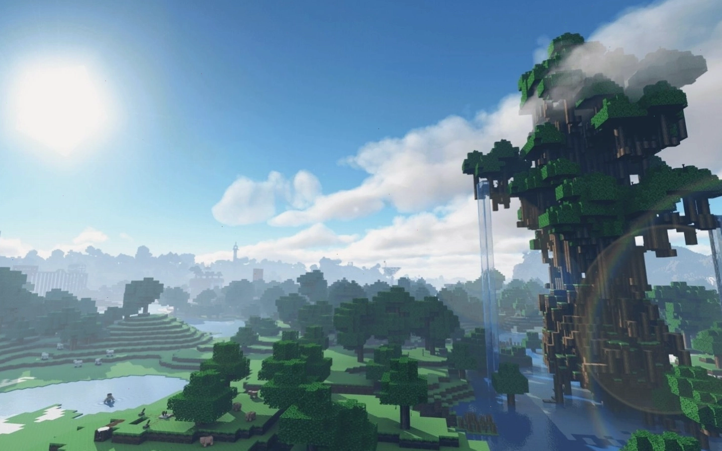 Cây cổ thụ vĩ đại giữa khung cảnh Minecraft xanh tươi