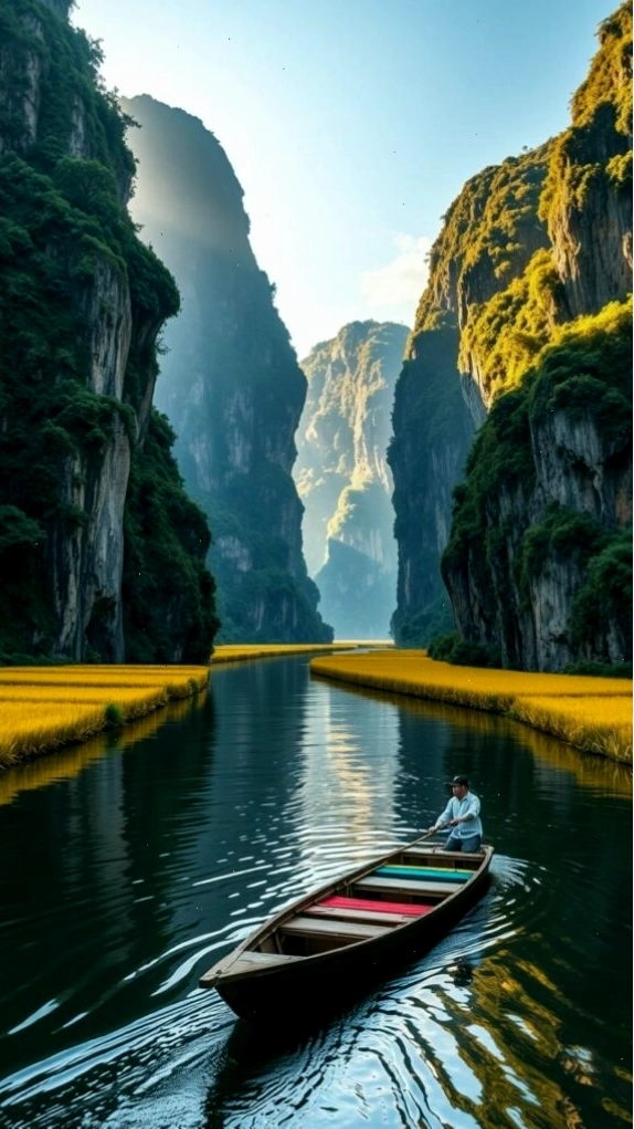 Chiếc thuyền nhỏ giữa hẻm núi và dòng nước, bức ảnh nền máy tính độc đáo