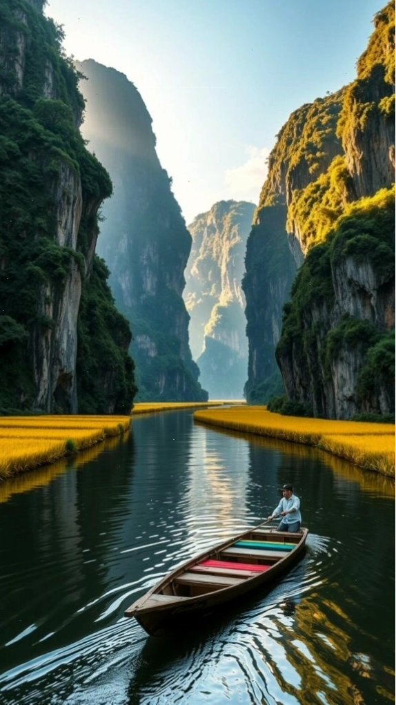 Chiếc thuyền nhỏ trôi giữa hẻm núi và dòng nước