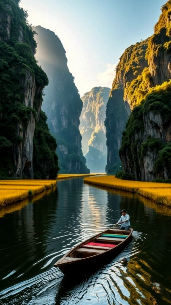 Chiếc thuyền nhỏ trôi lững lờ giữa hẻm núi và dòng nước trong xanh