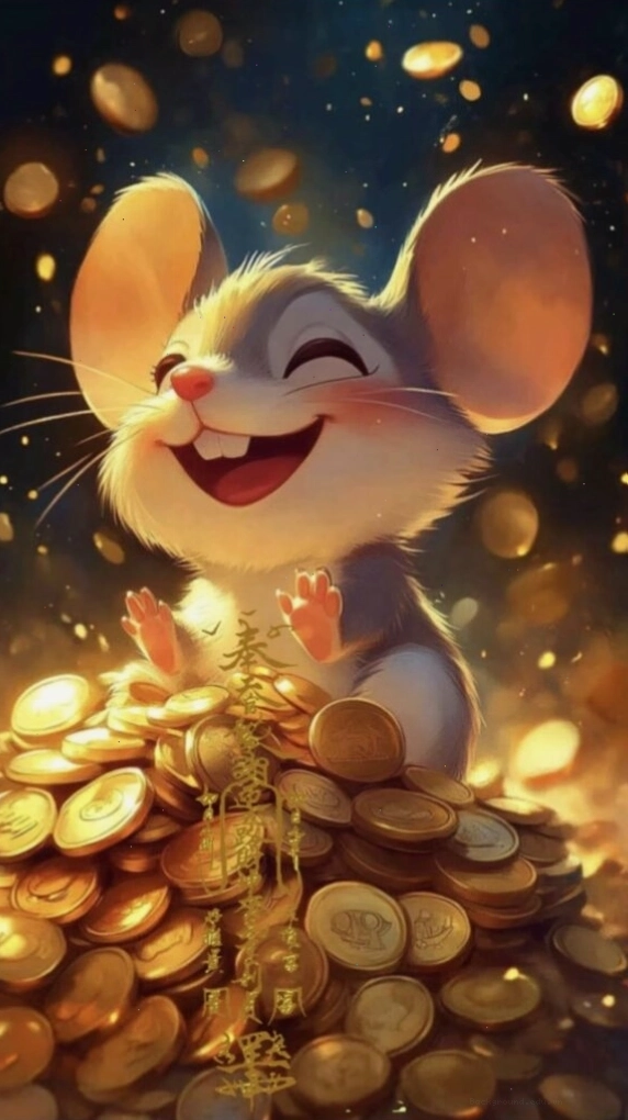 Chú chuột đang cười tươi vui vẻ bên đống vàng, thể hiện sự giàu có