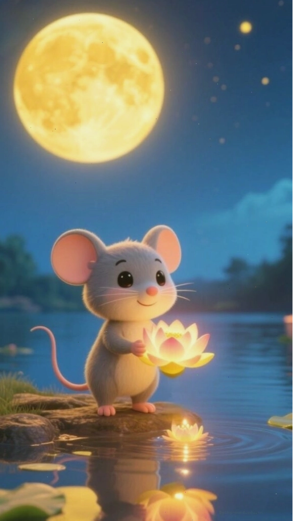 Chú chuột nhỏ đang thả đèn hoa trên bầu trời đêm trăng