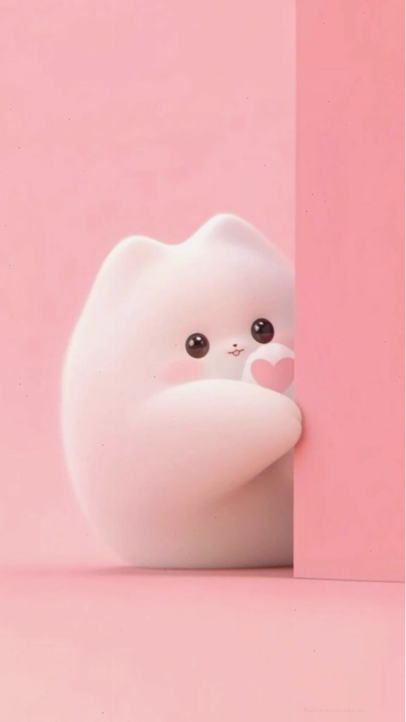 Chú mèo bông trắng muốt trong không gian màn hình nền màu hồng pastel dịu dàng