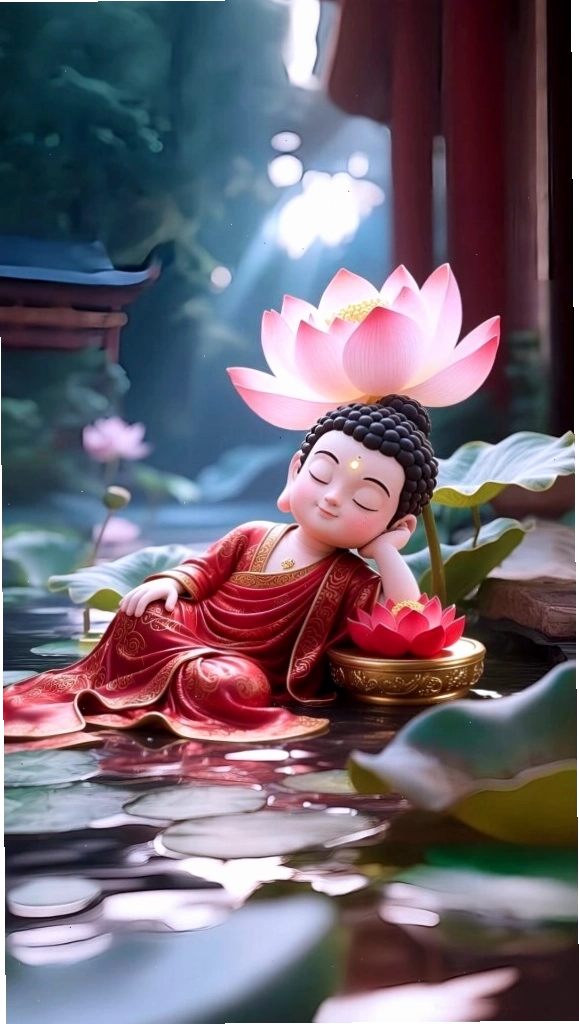Chú tiểu an nhiên được đóa sen nâng đỡ trên nền đen