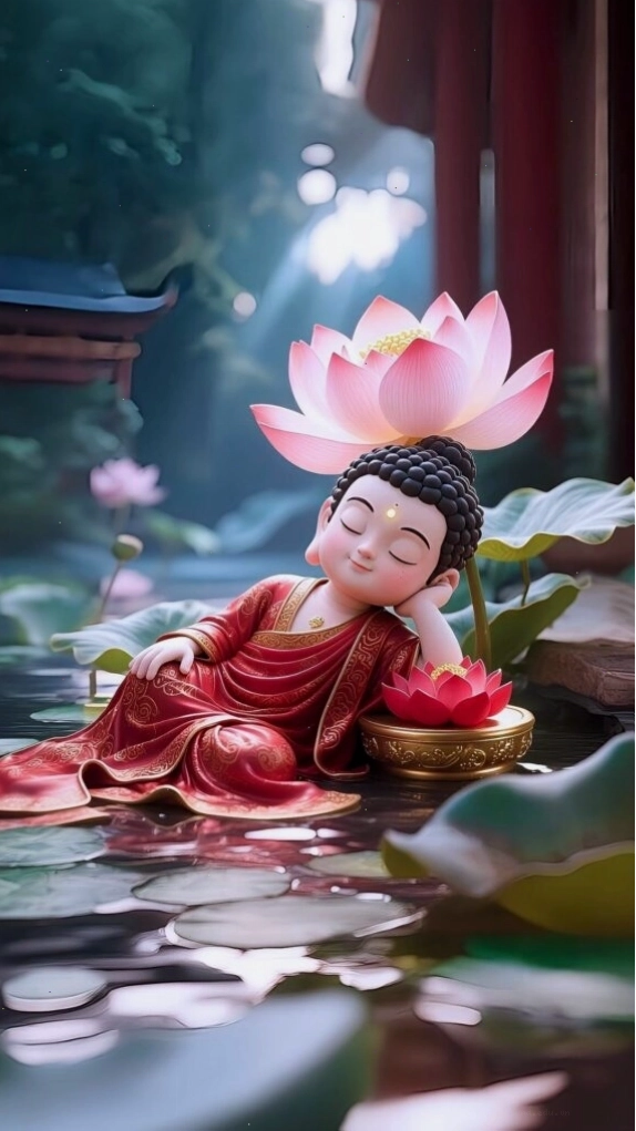 Chú tiểu an nhiên được nâng đỡ bởi hoa sen, biểu tượng của sự chở che