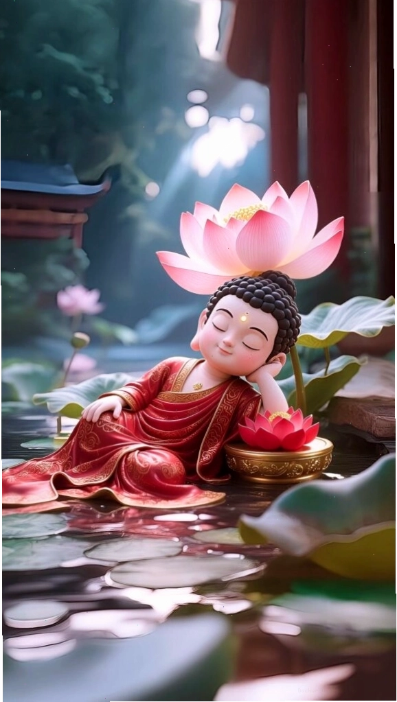 Chú tiểu an nhiên được sen trắng nâng đỡ nền đen