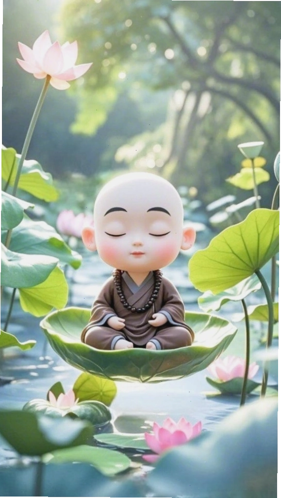 Chú tiểu ngồi thiền giữa đầm sen, thể hiện sự tĩnh tâm