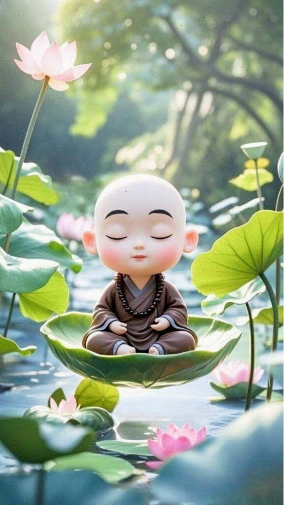 Chú tiểu ngồi thiền giữa không gian thanh tịnh của hoa sen