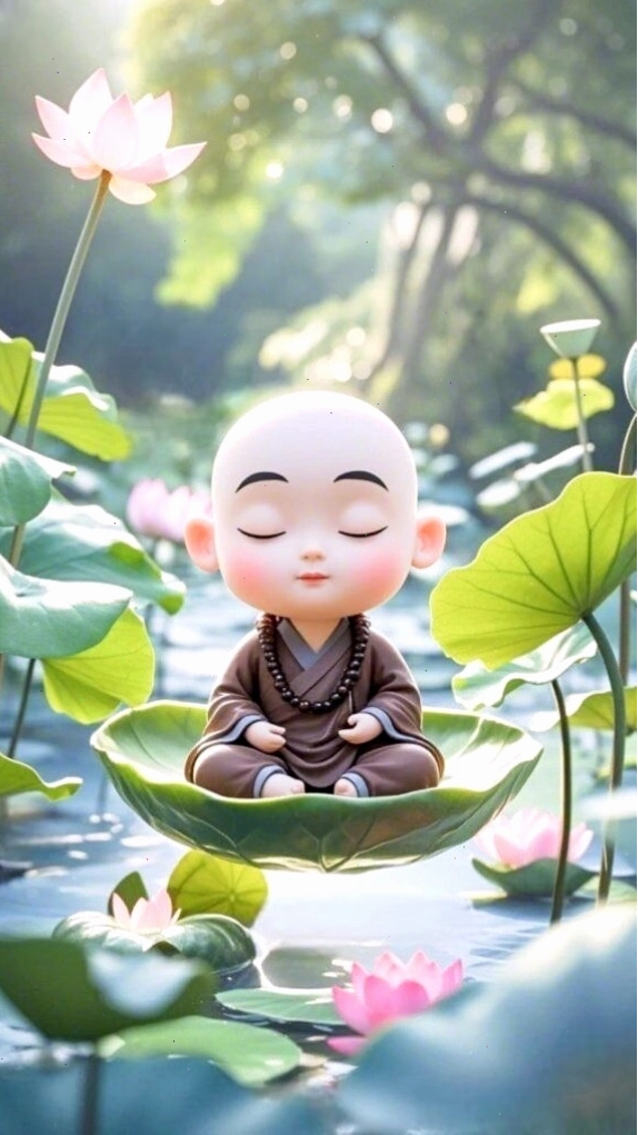 Chú tiểu ngồi thiền giữa sen