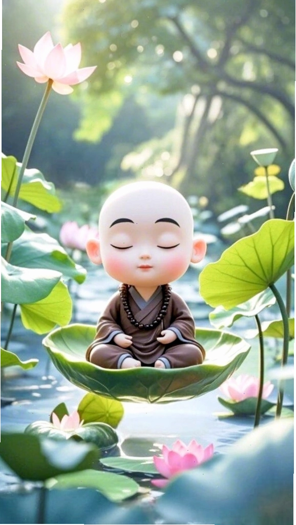 Chú tiểu ngồi thiền giữa sen trắng nền đen