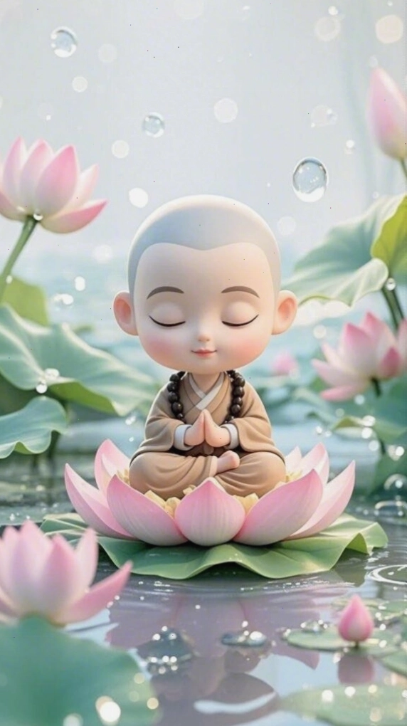 Chú tiểu ôm đóa sen, gương mặt an lạc và thanh thản