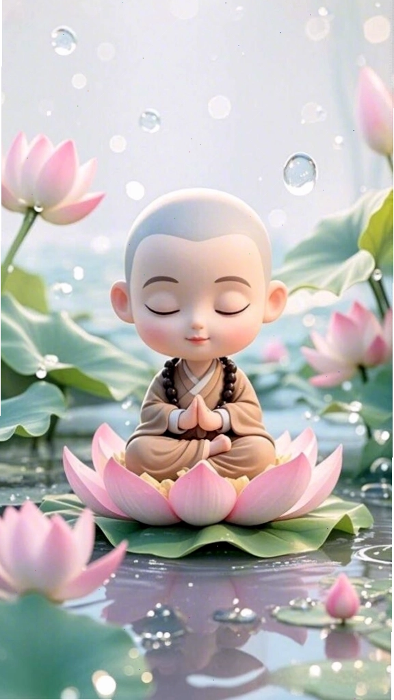 Chú tiểu ôm đóa sen, lòng an lạc trên nền đen