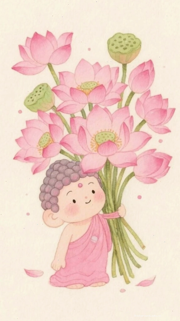 Chú tiểu ôm đóa sen tươi thắm, biểu tượng của sự may mắn