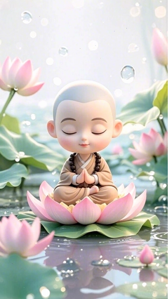 Chú tiểu ôm sen trắng nền đen