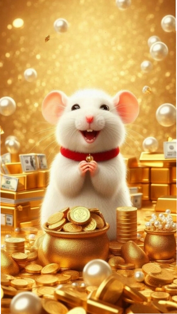 Chuột Tý dễ thương ngồi trên đống vàng lớn dưới bầu trời sao