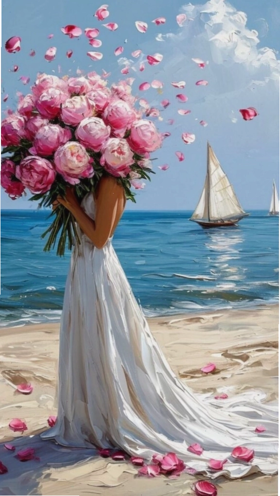 Cô gái bí ẩn ôm bó hoa mẫu đơn bên bờ biển