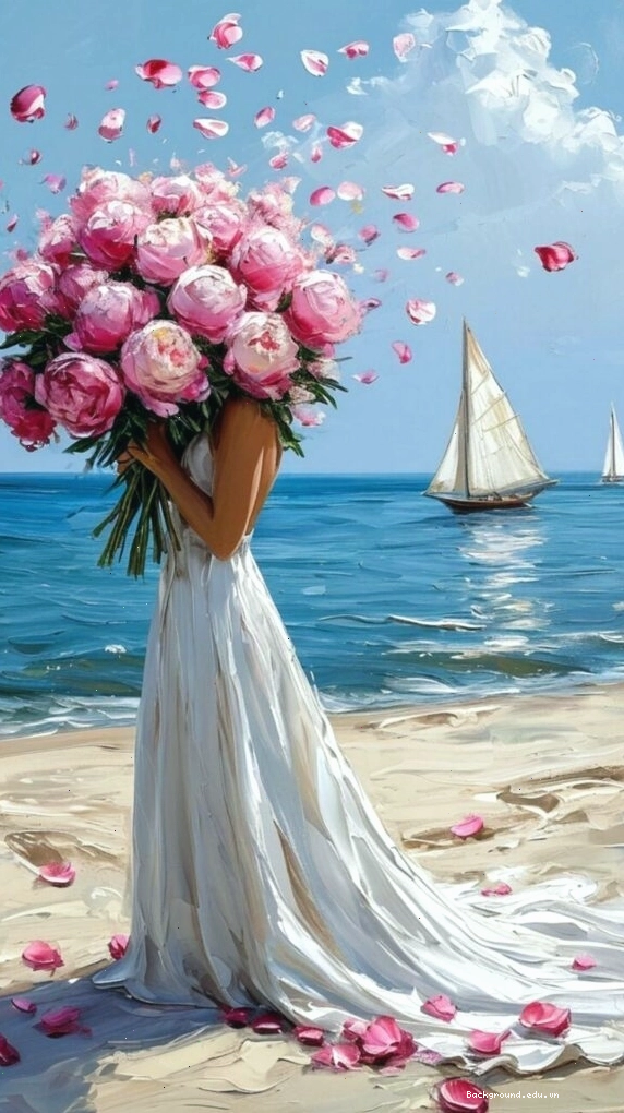 Cô gái ôm bó hoa biển với mẫu đơn trắng hồng làm hình nền