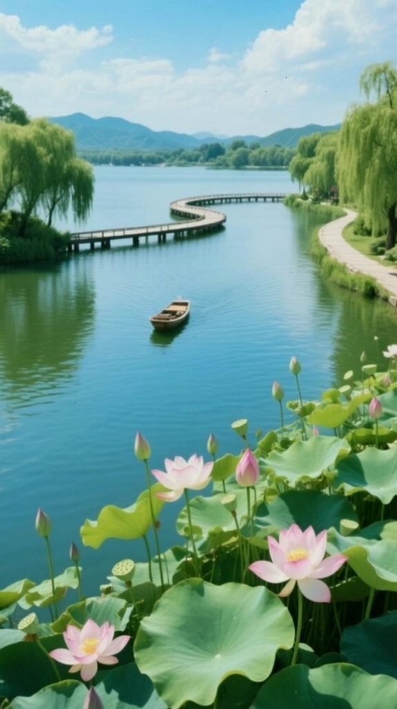 Con đường ven hồ yên bình giữa hai hàng cây xanh mát