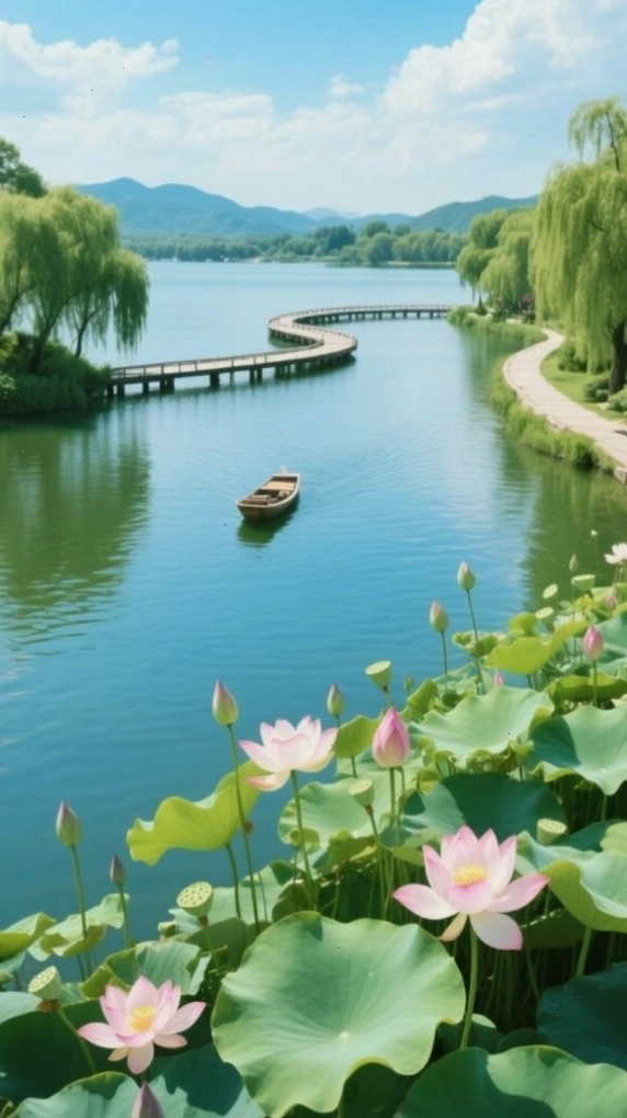 Con đường ven hồ yên bình giữa hàng cây xanh