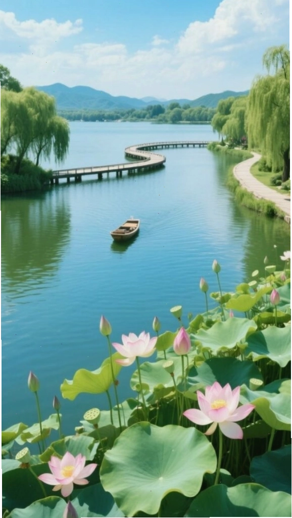 Con đường ven hồ yên bình giữa hàng cây xanh, ảnh nền máy tính lãng mạn