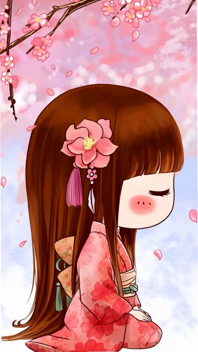 Hình ảnh hoa đào cute bên cạnh cô gái nhỏ