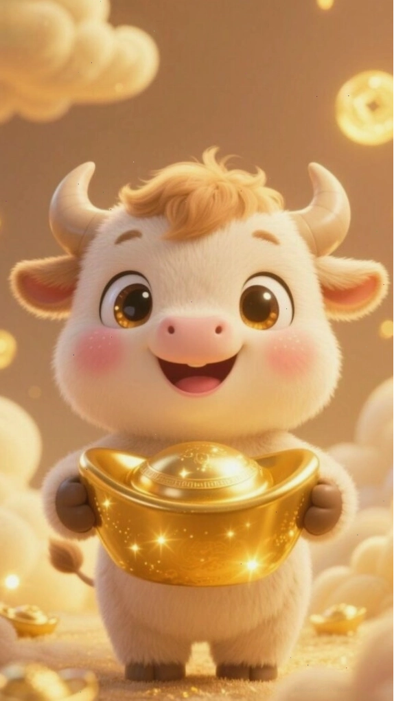 Hình nền 12 con giáp cute Sửu chibi ôm chén vàng đáng yêu