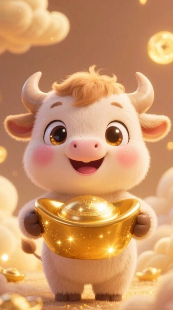Hình nền 12 con giáp cute Sửu chibi ôm chén vàng đáng yêu