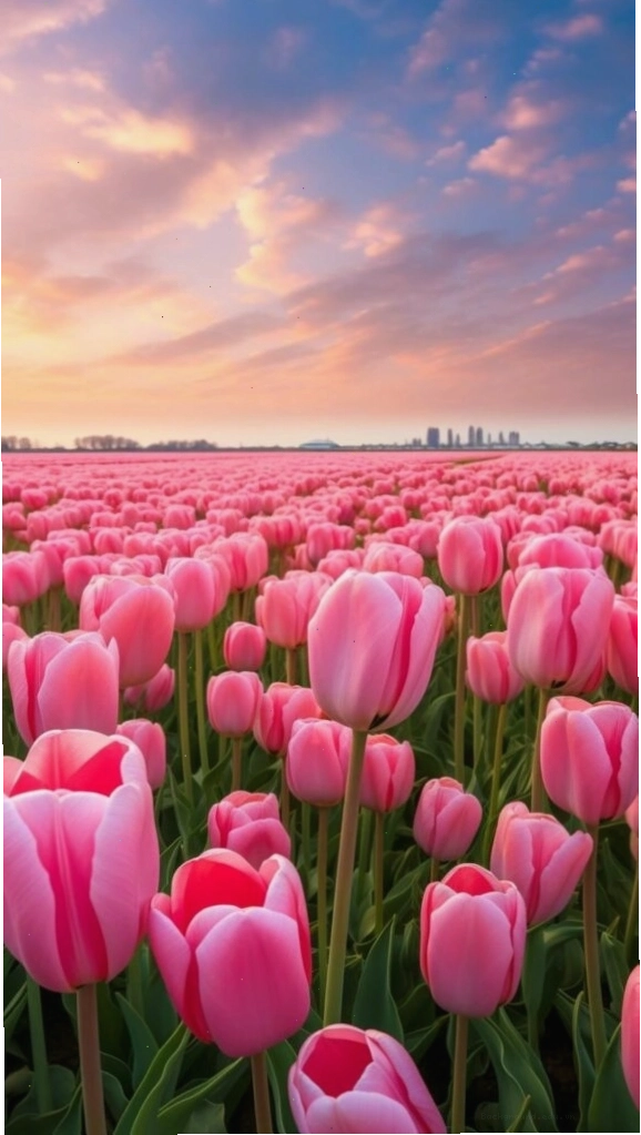 Hình nền 3D với họa tiết hoa tulip hồng rực rỡ dưới ánh hoàng hôn