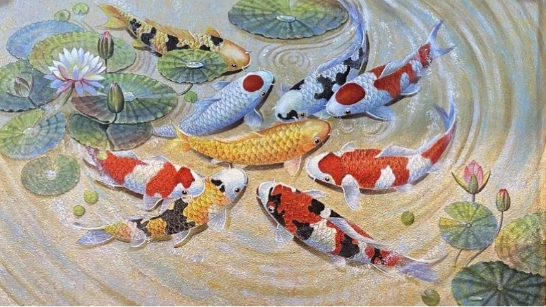 Hình nền cá chép hoa sen với tông màu trầm ấm, mang lại cảm giác bình yên