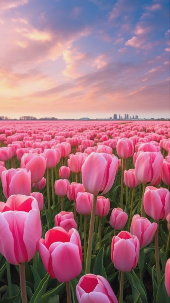Hình nền cánh đồng tulip hồng 3D dưới ánh hoàng hôn rực rỡ