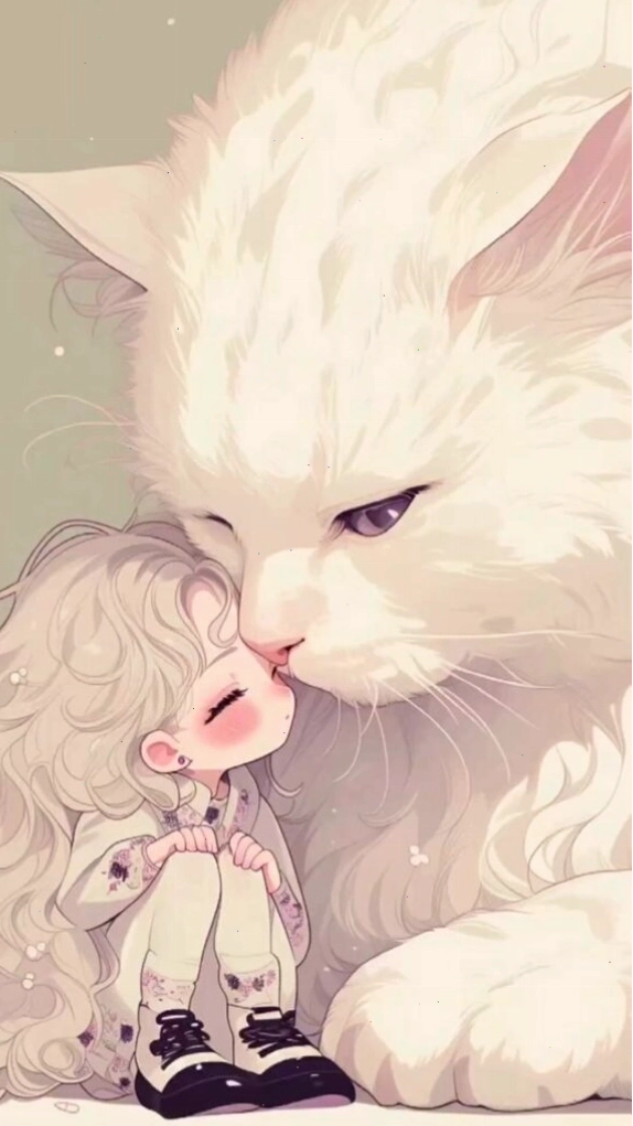Hình nền chú mèo trắng bên cô bé, mang lại cảm giác trong sáng