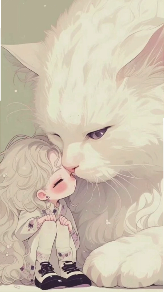 Hình nền cô gái bên chú mèo trắng