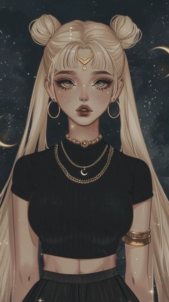 Hình nền cô gái tóc đen với vòng trăng đỏ