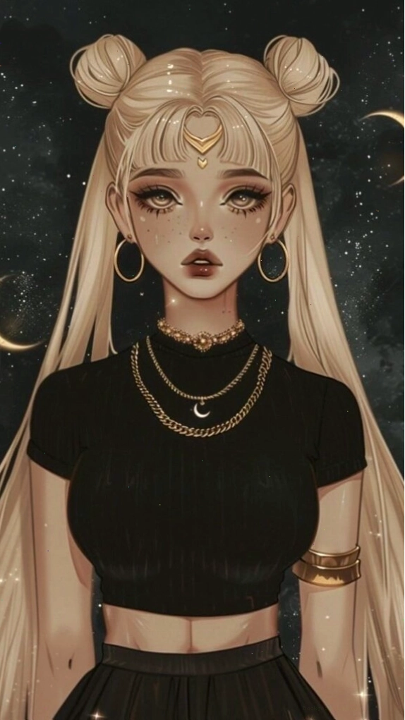 Hình nền cô gái tóc đen với vòng trăng đỏ độc đáo